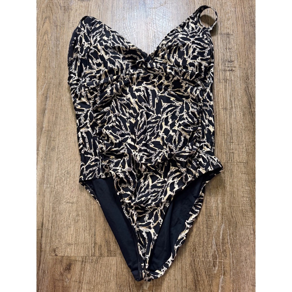 Nip Tuck Swim One Piece Blouson Swimsuit Black Cream Animal Print Size US 12